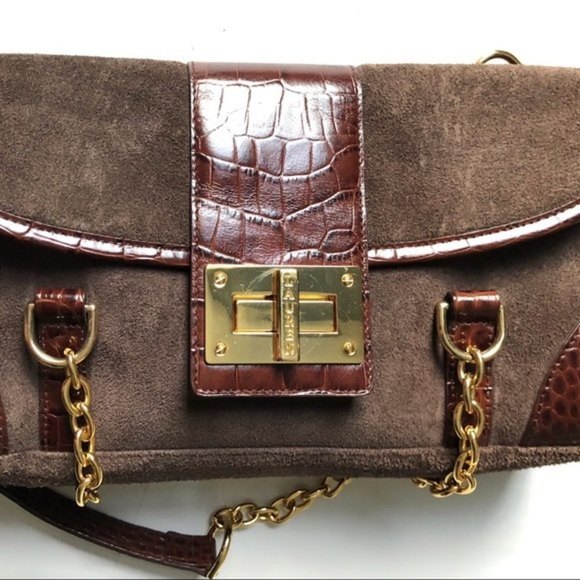 RALPH Lauren Bag Y2K Baguette Shoulder Genuine Suede and Croc Embossed Leather - Picture 11 of 12